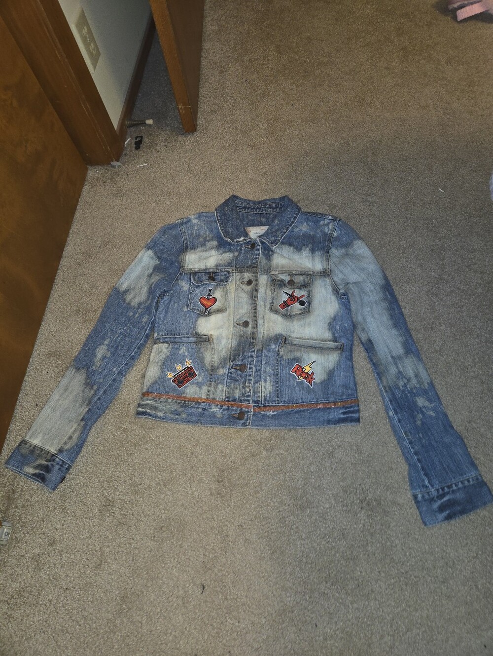 Upcycled Bleached Distressed Jean Jacket | Rock Graphic Patches | Custom Denim - Picture 2 of 16